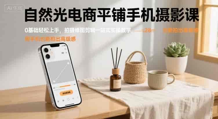 自然光电商平铺手机摄影课,0基础轻松上手,拍摄修图剪辑一站式实操教学,用手机也能拍出高级感