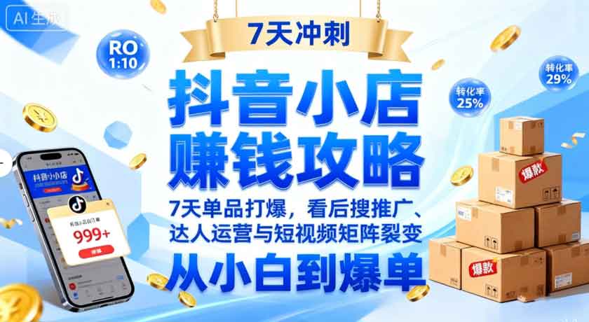 抖音小店赚钱攻略:7天单品打爆技巧,看后搜推广、达人运营与短视频矩阵裂变实战-副业部