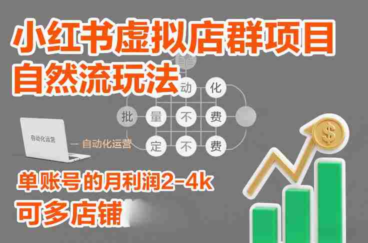 小红书虚拟店群项目,自然流玩法,批量自动化,稳定不费号,单账号的月利润2-4k,可多店矩阵