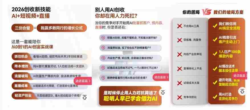 2026创收新技能AI+短视频+直播,用AI爆改生意,这是一套能陪你从0到1的AI创富实战课
