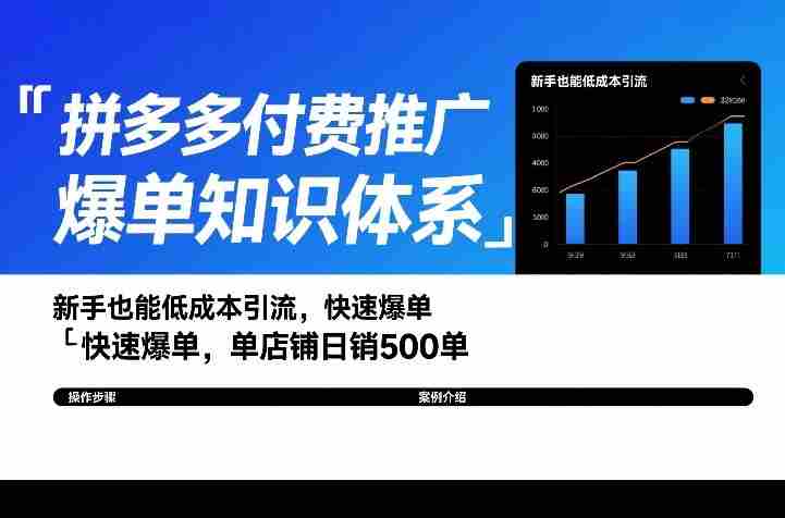 拼多多付费推广爆单知识体系，新手也能低成本引流，快速爆单，单店铺日销500单-副业部