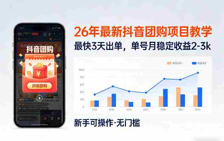 26年最新抖音团购项目教学，0门槛，最快3天出单，单号月稳定收益2-3k-副业部