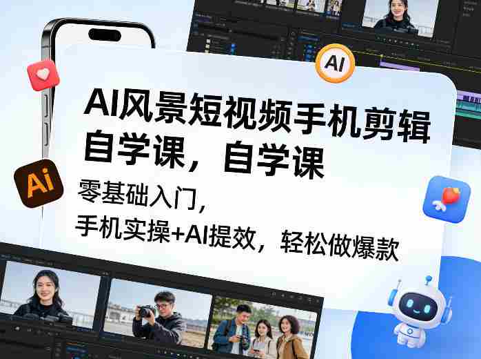 AI风景短视频手机剪辑自学课,零基础入门,手机实操+AI提效,轻松做爆款
