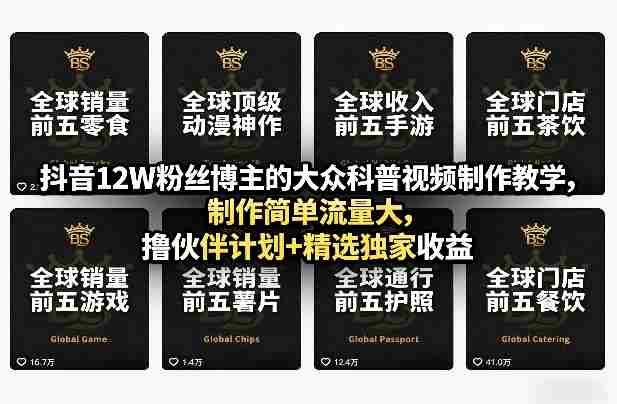 抖音12W粉丝博主的大众科普视频制作教学，制作简单流量大，撸伙伴计划+精选独家收益-副业部
