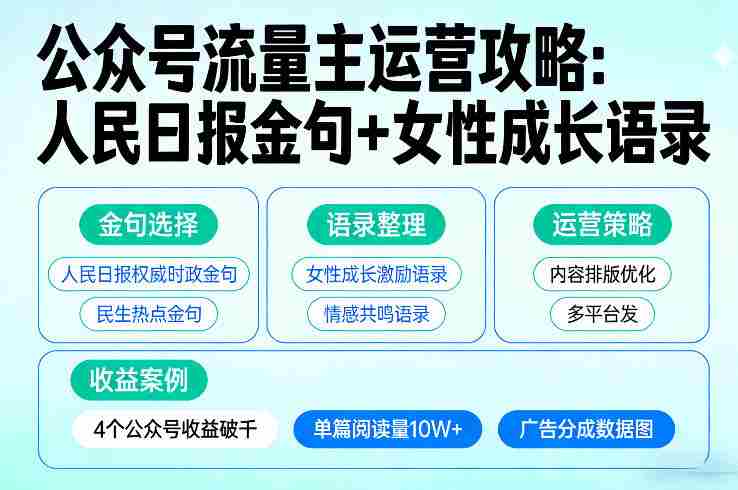 利用人民日报金句+女性成长语录做公众号流量主，4个公众号收益破千-副业部