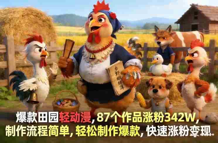 爆款田园轻动漫，87个作品涨粉342W，制作流程简单，轻松制作爆款，快速涨粉变现-副业部