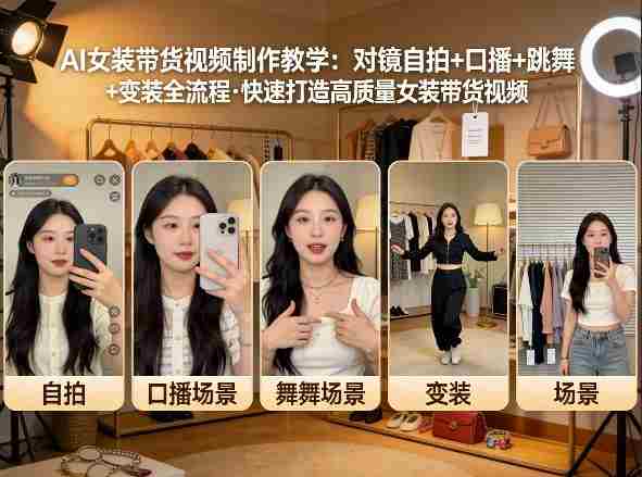 AI女装带货视频制作教学,对镜自拍、口播、跳舞、变装全流程,快速打造高质量女装带货视频