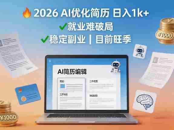2026用AI优化简历日入1k+就业难，目前旺季，稳定副业-副业部