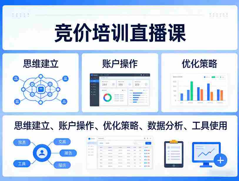 竞价培训直播课，覆盖思维建立、账户操作、优化策略、数据分析、工具使用等，全方位提升效果-副业部
