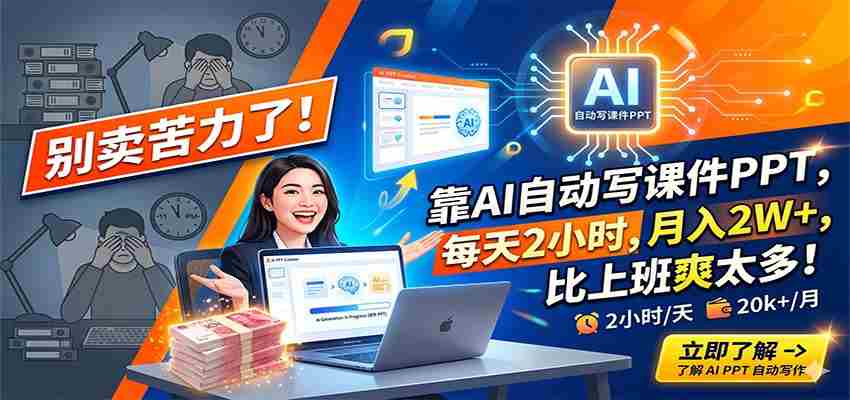 别卖苦力了！靠AI自动写课件PPT，每天2小时，月入2W+，比上班爽太多！-副业部