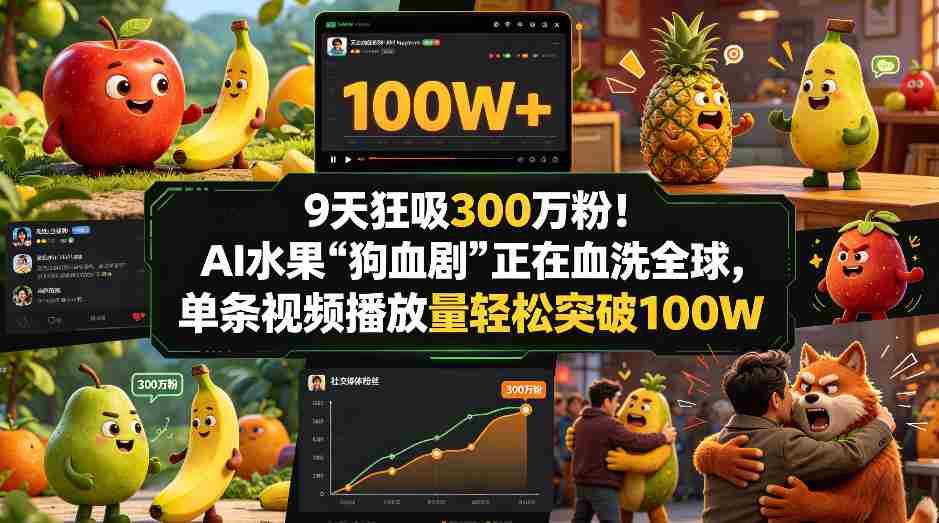 9天狂吸300w粉！AI水果“狗血剧”正在血洗全球，单条视频播放量轻松突破100W-副业部