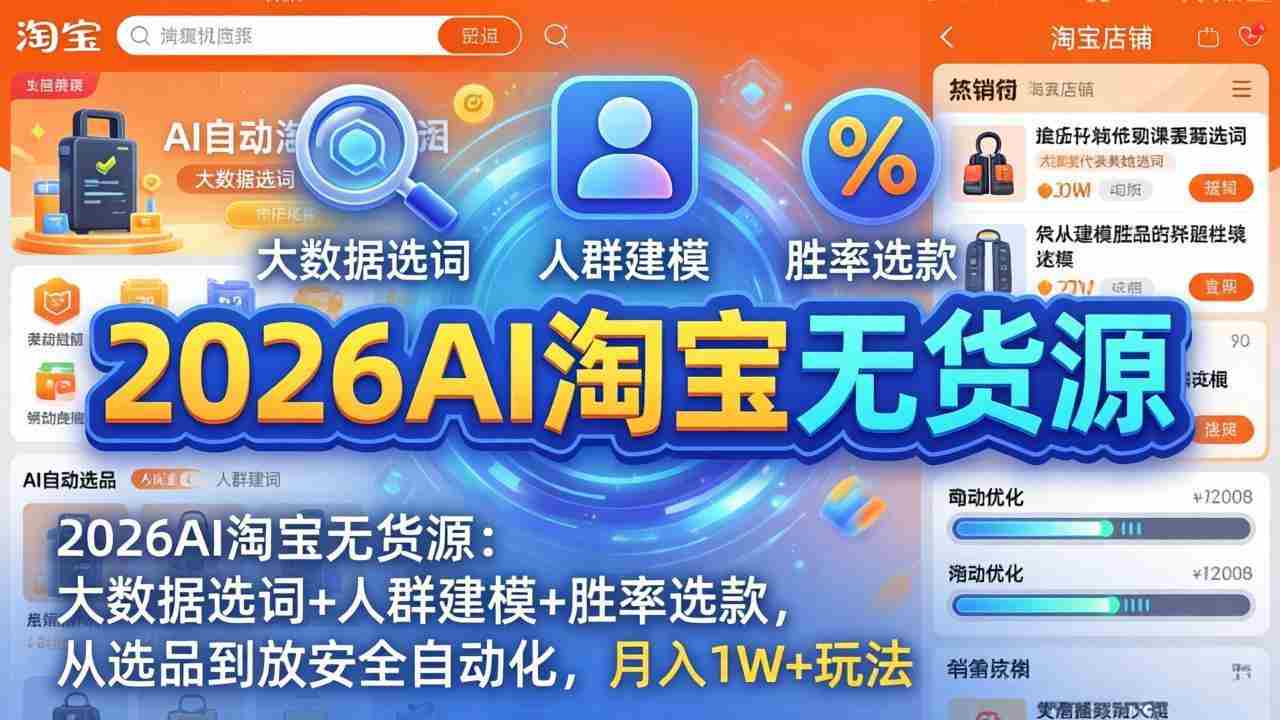 （17955期）2026AI淘宝无货源-4月更新：大数据选词+人群建模+胜率选款，从选品到放大全自动化，月入1W+玩法-副业部