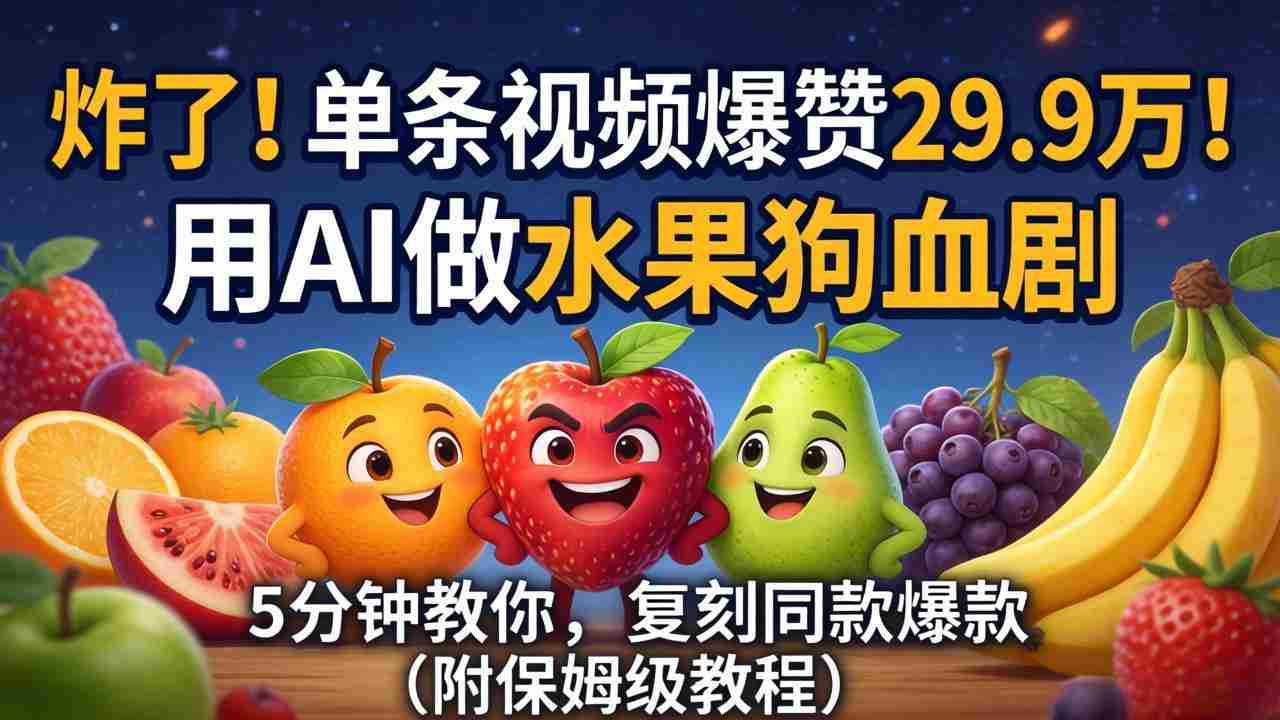 （18206期）炸了！单条视频爆赞 29.9 万！用 AI 做水果狗血剧，5 分钟教你，复刻同款爆款（附保姆级教程）-副业部