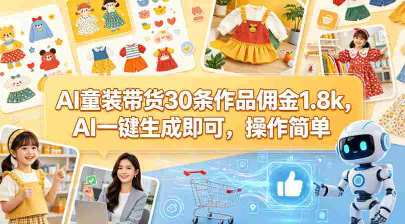 AI童装带货30条作品佣金1.8k，AI一键生成即可，操作简单-副业部