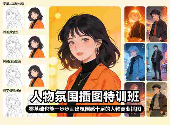 人物氛围插图特训班，零基础也能一步步画出氛围感十足的人物商业插图-副业部