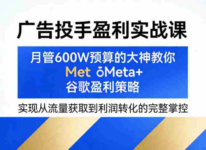 广告投手盈利实战课,月管600W预算的大神教你Meta+谷歌盈利策略,实现从流量获取到利润转化的完整掌控