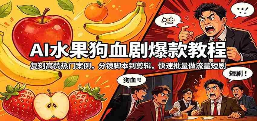 AI水果狗血剧爆款教程:复刻高赞热门案例,分镜脚本到剪辑,快速批量做流量短剧-副业部