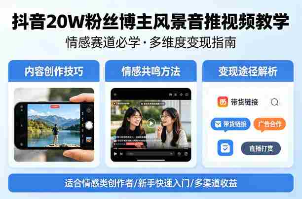抖音20W粉丝博主风景音推视频教学，情感赛道必学，各种变现途径-副业部
