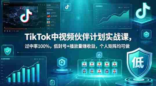 TikTok中视频伙伴计划实战课，过中率100%，低封号+播放量賺收益，个人矩阵均可做-副业部