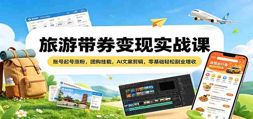 旅游带券变现实战课：账号起号涨粉，团购挂载，AI文案剪辑，零基础轻松副业增收-副业部