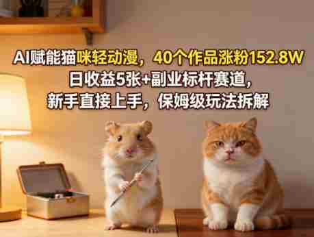 AI赋能猫咪轻动漫,40个作品涨粉152.8W,日收益5张+副业标杆赛道,新手直接上手,保姆级玩法拆解