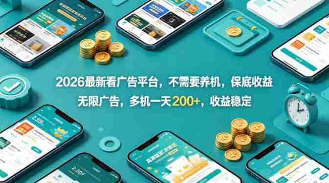 2026最新看广告平台，不需要养机，保底收益，无限广告，多机一天200+，收益稳定【揭秘】-副业部