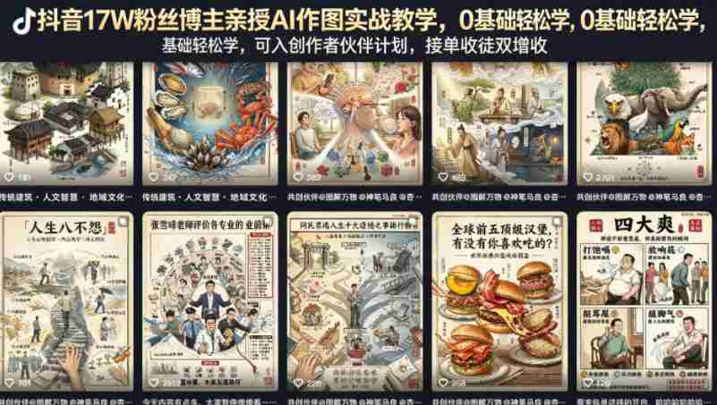 抖音17W粉丝博主亲授AI作图实战教学，0基础轻松学，可入创作者伙伴计划，接单收徒双增收-副业部