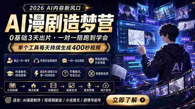 （18568期）AI漫剧造梦营：0基础3天出片，单个工具每天持续生成400秒视频-副业部