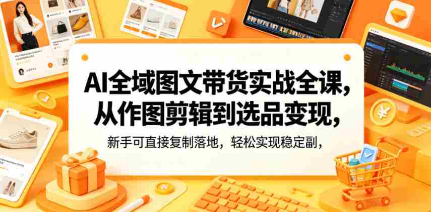 AI全域图文带货实战全课，从作图剪辑到选品变现，新手可直接复制落地，轻松实现稳定副业增收-副业部