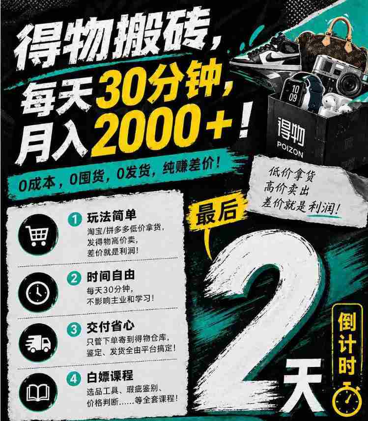 得物搬砖，0成本起步每天30分钟，月入2000+，0成本，0囤货，0发货，纯賺差价-副业部