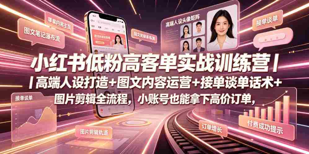 小红书低粉高客单实战训练营｜高端人设打造+图文内容运营+接单谈单话术+图片剪辑全流程，小账号也能拿下高价订单-副业部