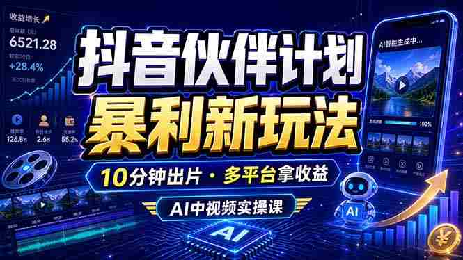 （18869期）抖音伙伴计划最新玩法，无需配音剪辑，10分钟出一条原创视频，轻松日入三位数-副业部