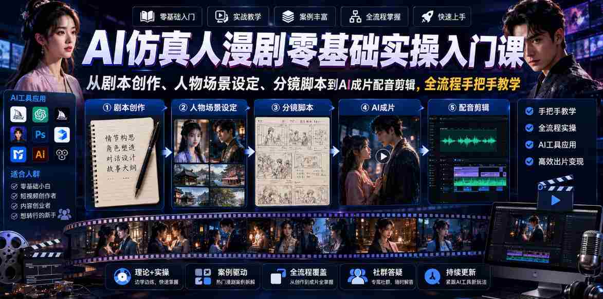 AI仿真人漫剧零基础实操入门课，从剧本创作、人物场景设定、分镜脚本到AI成片配音剪辑，全流程手把手教学-副业部