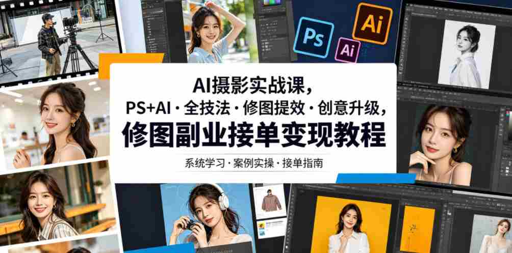 AI摄影实战课，PS+AI・全技法・修图提效・创意升级，修图副业接单变现教程-副业部