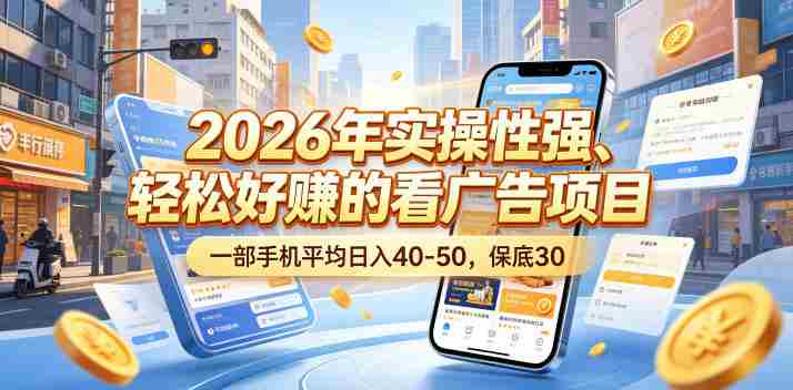 2026年实操性强、轻松好賺的看广告项目，一部手机平均日入40-50，保底30米【揭秘】-副业部