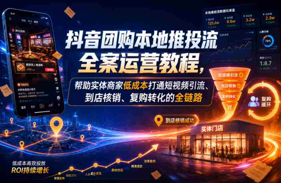 抖音团购本地推投流全案运营教程，帮助实体商家低成本打通短视频引流、到店核销、复购转化的全链路-副业部
