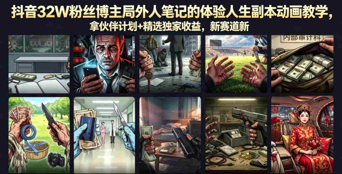 抖音32W粉丝博主局外人笔记的体验人生副本动画教学，拿伙伴计划+精选独家收益，新赛道新涨粉快【录制版】-副业部