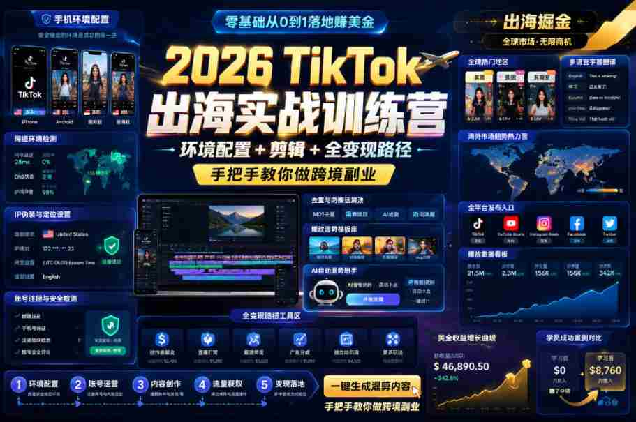 2026 TikTok出海实战训练营，环境配置 + 剪辑 + 全变现路径，手把手教你做跨境副业-副业部