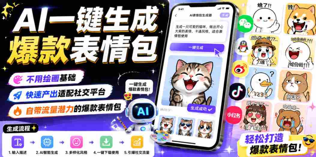 AI一键生成爆款表情包，不用绘画基础，快速产出适配社交平台，自带流量潜力的爆款表情包-副业部