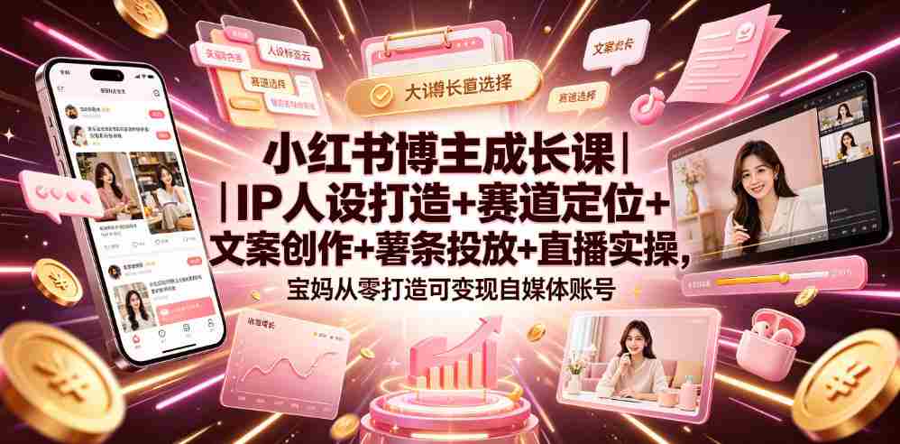 小红书博主成长课｜IP人设打造+赛道定位+文案创作+薯条投放+直播实操，宝妈从零打造可变现自媒体账号-副业部