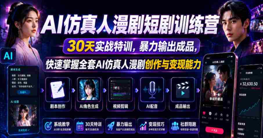 AI仿真人漫剧短剧训练营，30天实战特训，暴力输出成品，快速掌握全套AI仿真人漫剧创作与变现能力-副业部