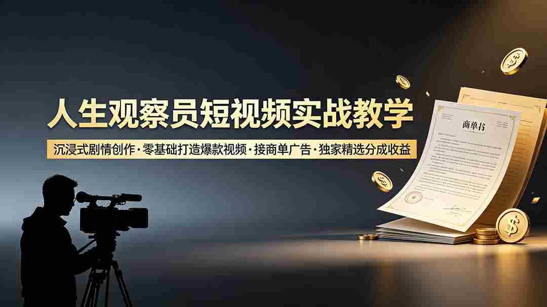（19113期）人生观察员短视频实战教学，沉浸式剧情创作，零基础打造爆款视频，接商单广告，独家精选分成收益-副业部