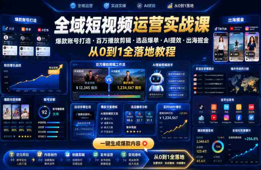 全域短视频运营实战课，爆款账号打造・百万播放剪辑・选品爆单・AI提效・出海掘金，从0到1全落地教程-副业部