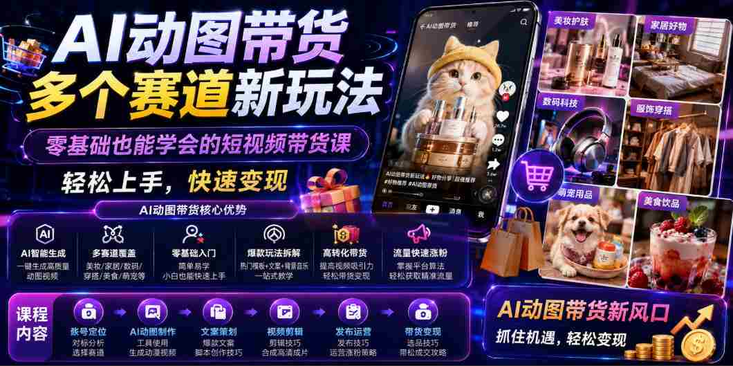 AI动图带货多个赛道新玩法，零基础也能学会的短视频带货课，轻松上手，快速变现-副业部
