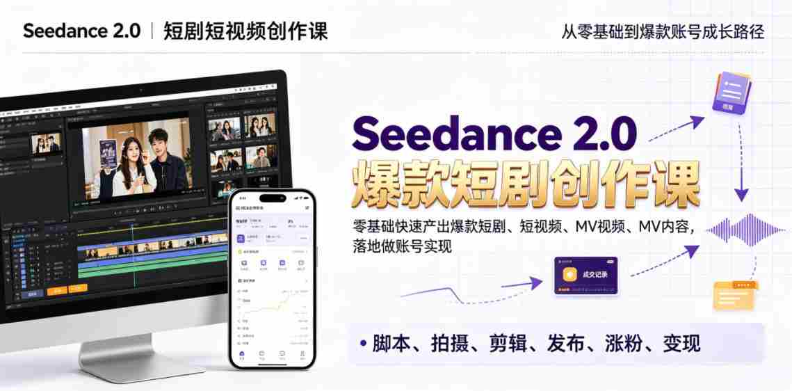 Seedance 2.0短剧短视频创作课，零基础快速产出爆款短剧、短视频、MV内容，落地做账号实现变现-副业部