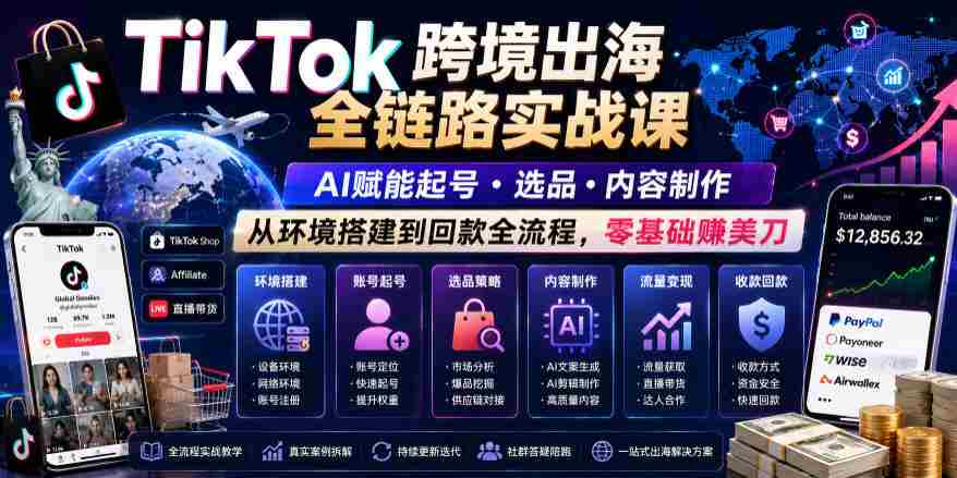 TikTok跨境出海全链路实战课，AI赋能起号・选品・内容制作，从环境搭建到回款全流程，零基础賺美刀-副业部