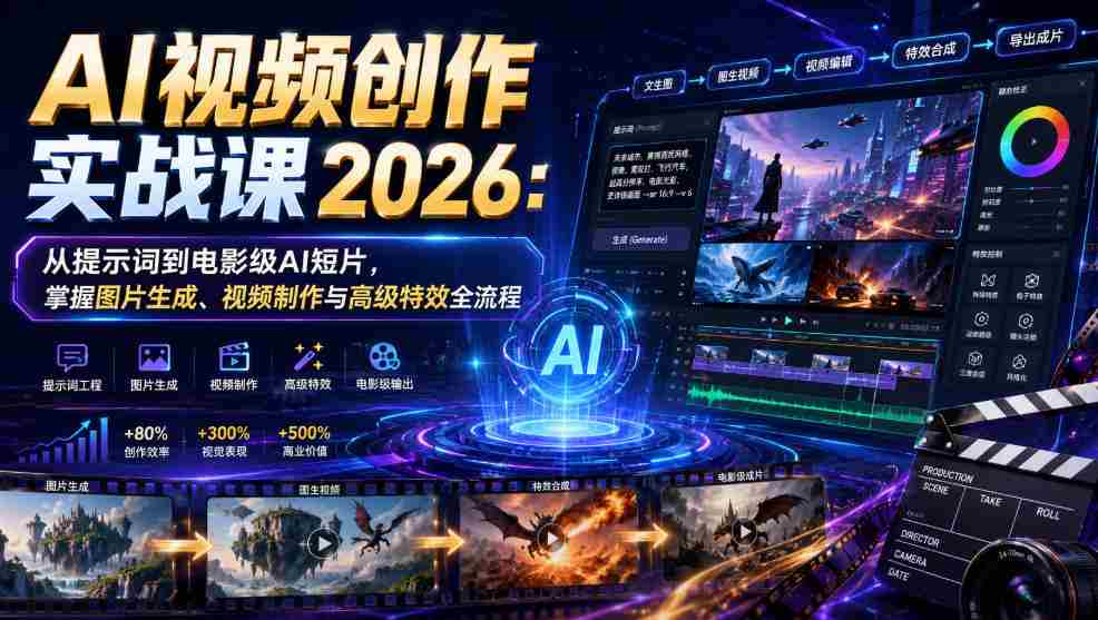AI视频创作实战课2026：从提示词到电影级AI短片，掌握图片生成、视频制作与高级特效全流程-副业部