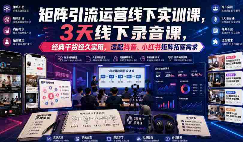嗨推矩阵引流运营线下实训课，3天线下录音课，经典干货经久实用，适配抖音、小红书矩阵拓客需求-副业部
