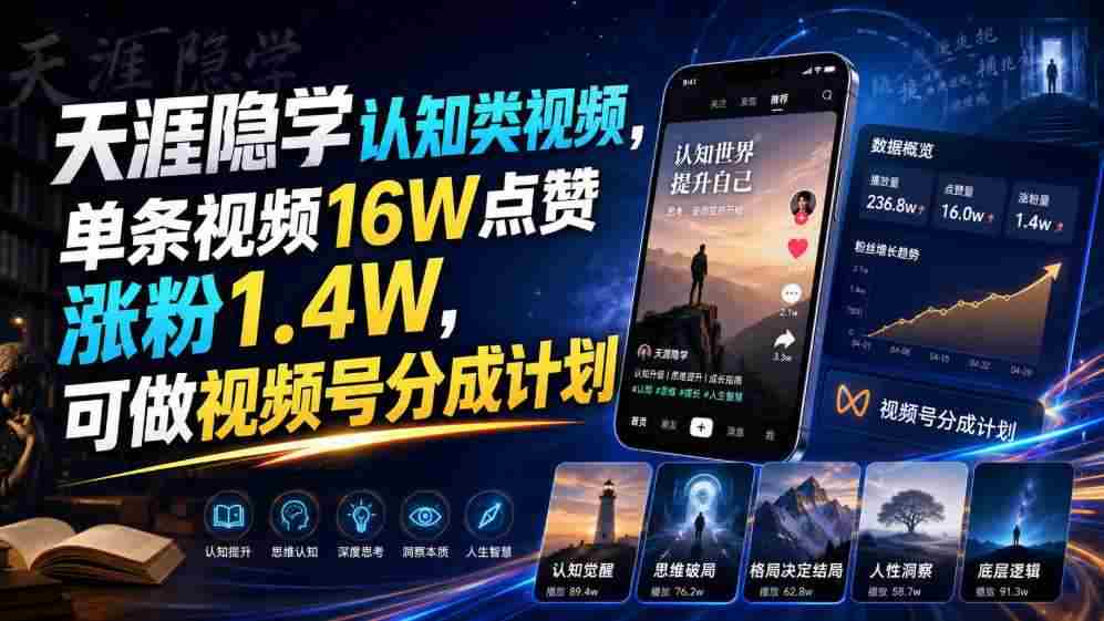 天涯隐学认知类视频，单条视频16W点赞涨粉1.4W，可做视频号分成计划-副业部
