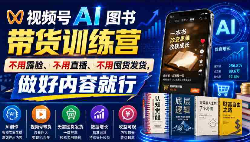 视频号AI图书带货训练营,不用露脸、不用直播、不用囤货发货,做好内容就行,一条爆款视频佣金8942